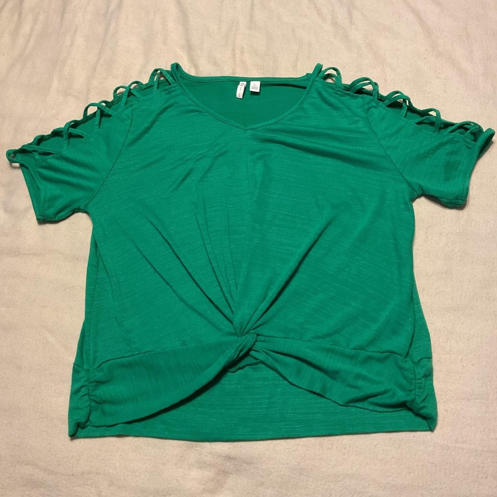 Cato Shirt Womens Large Green Lattice Sleeve Front Knot Stretch Top Blouse